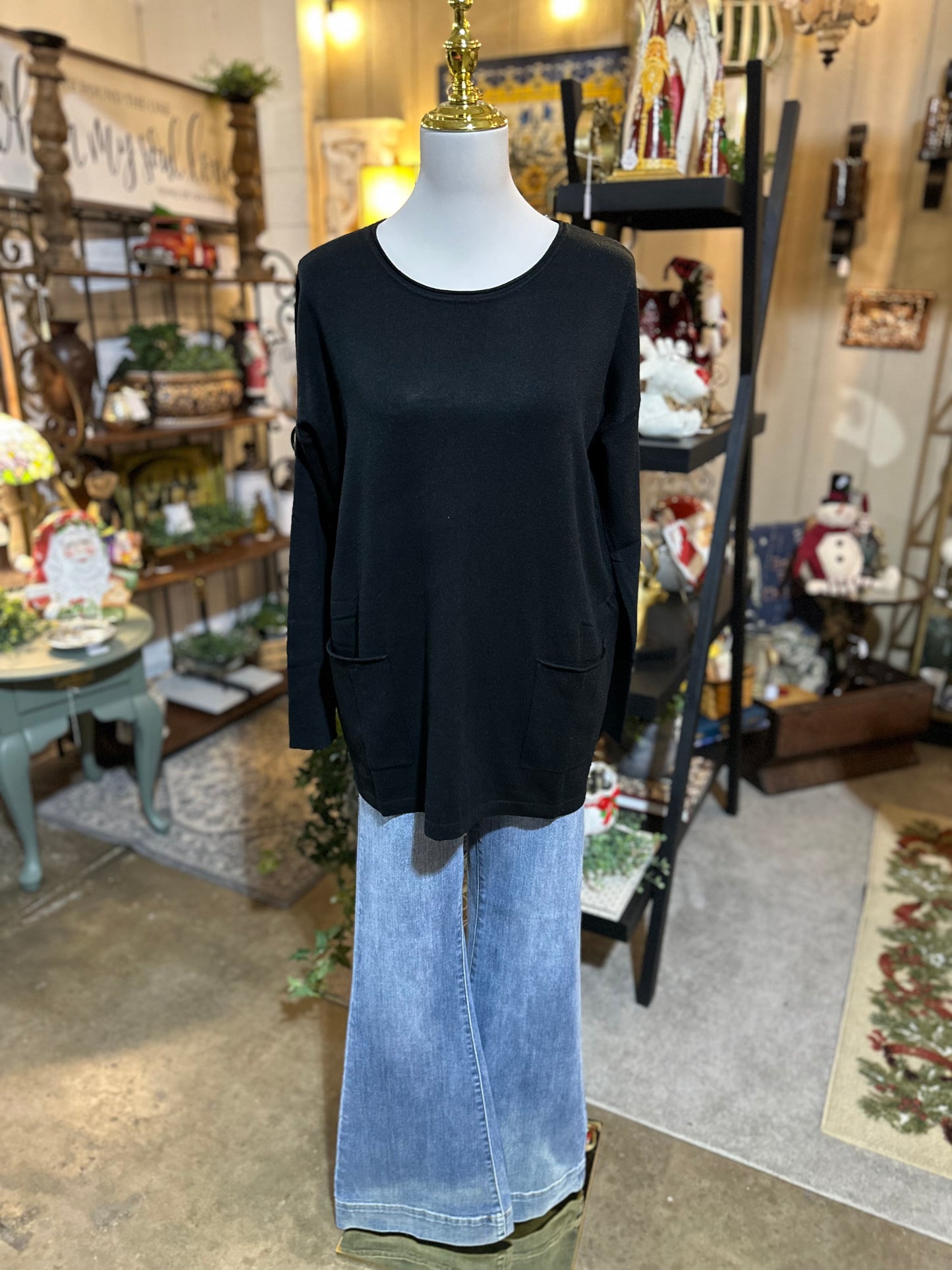 Zenana Front Pocket Sweater in Black