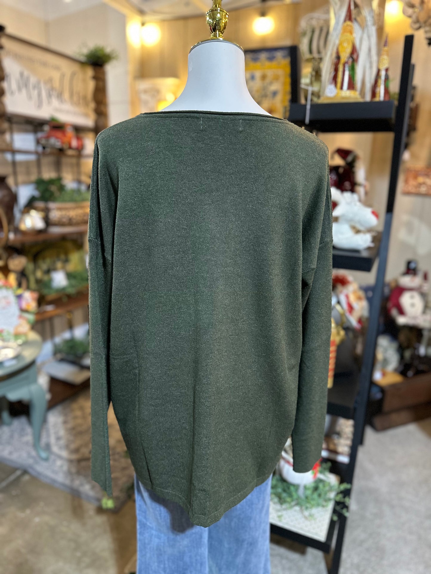 Zenana Front Pocket Sweater in Dark Olive