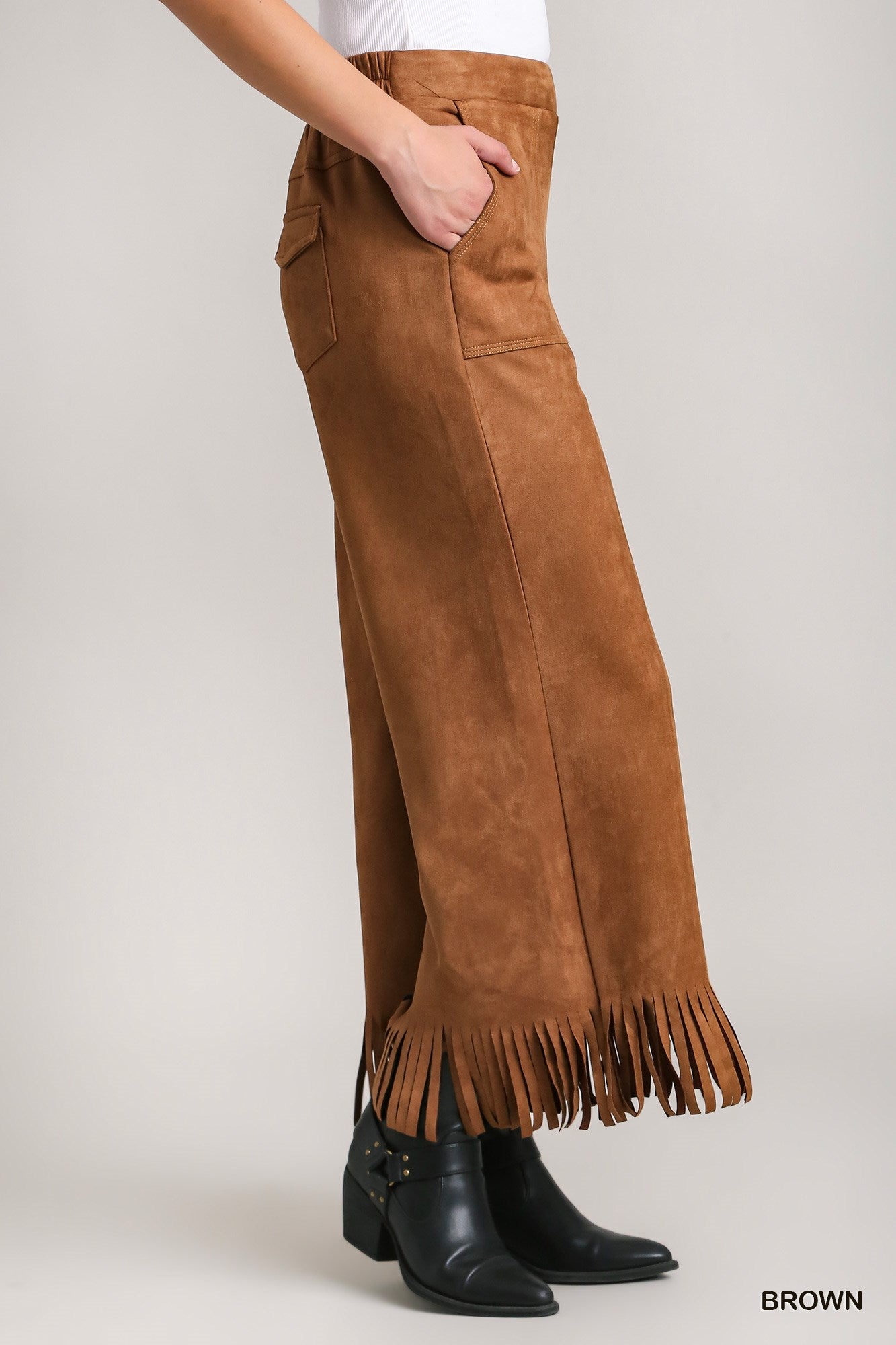 Umgee Suede Fringe Pants in Brown