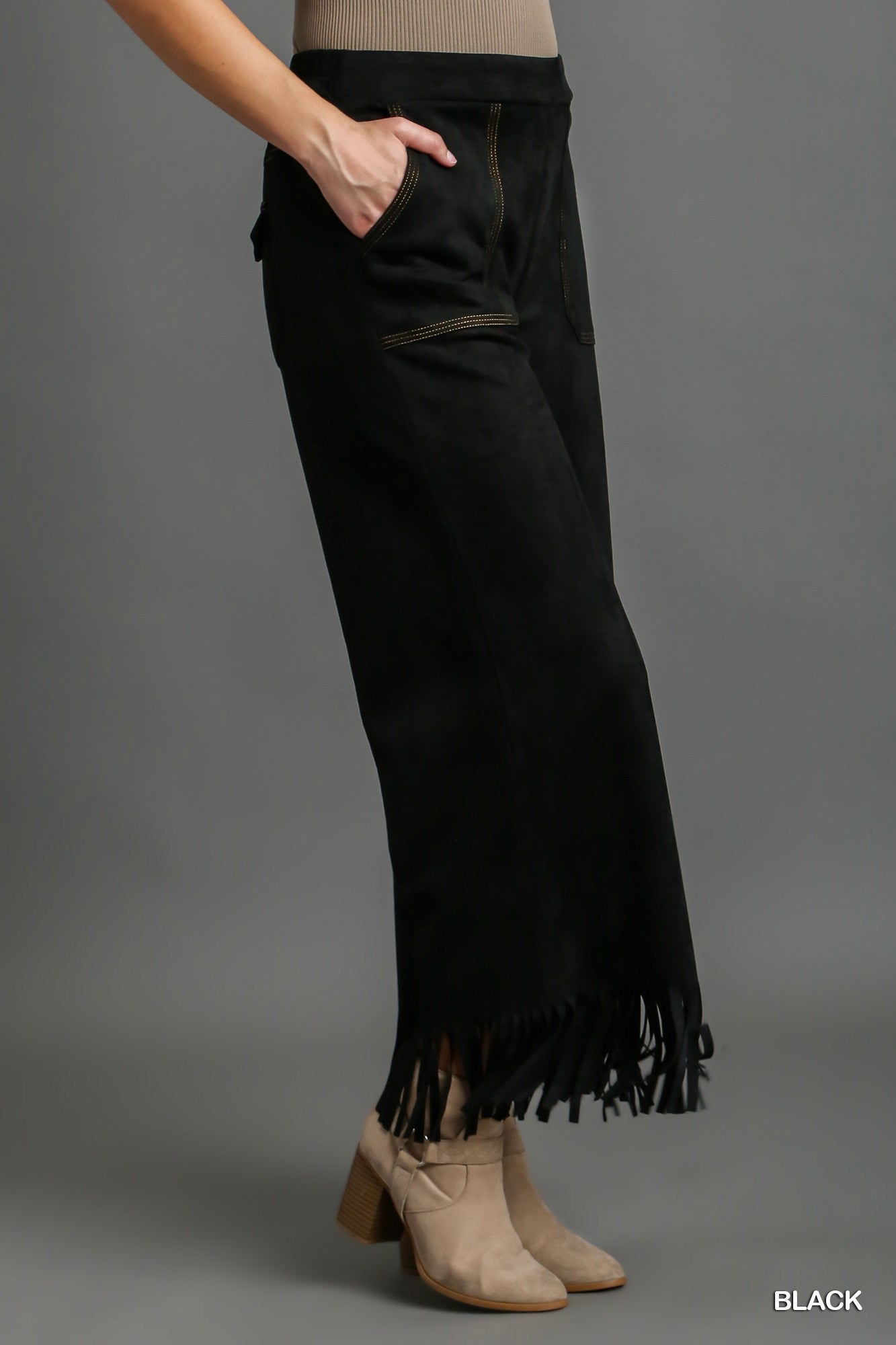 Umgee Suede Fringe Pants in Black