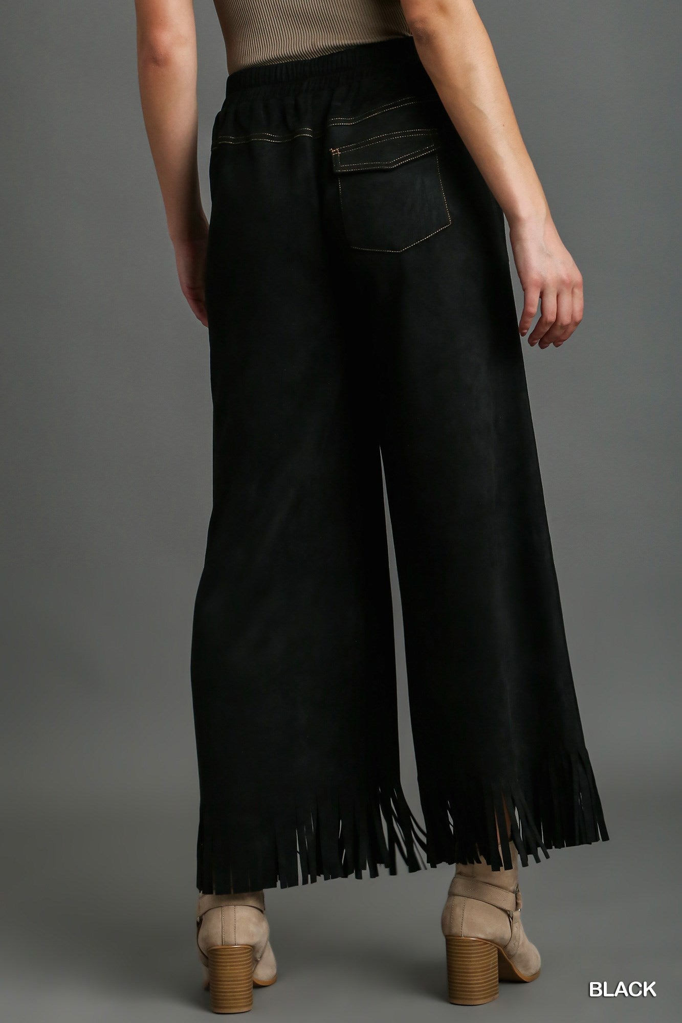 Umgee Suede Fringe Pants in Black