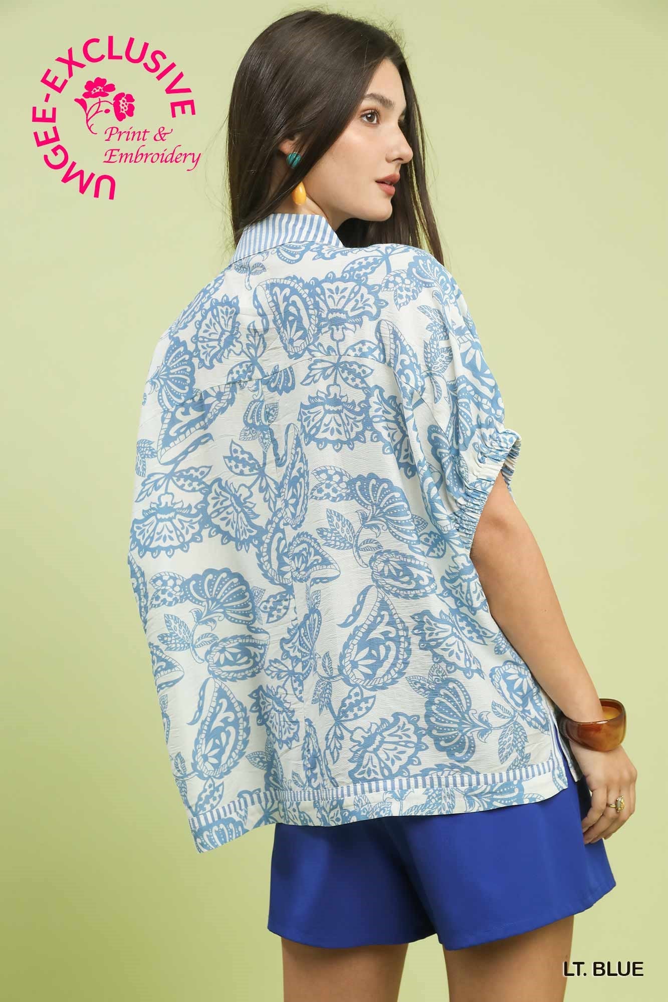 Umgee Botanical Print Top in Light Blue