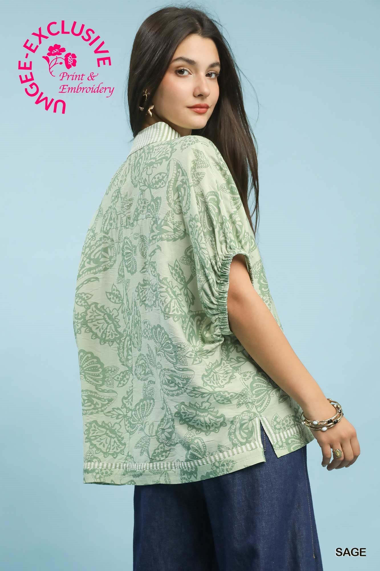 Umgee Botanical Print Top in Sage