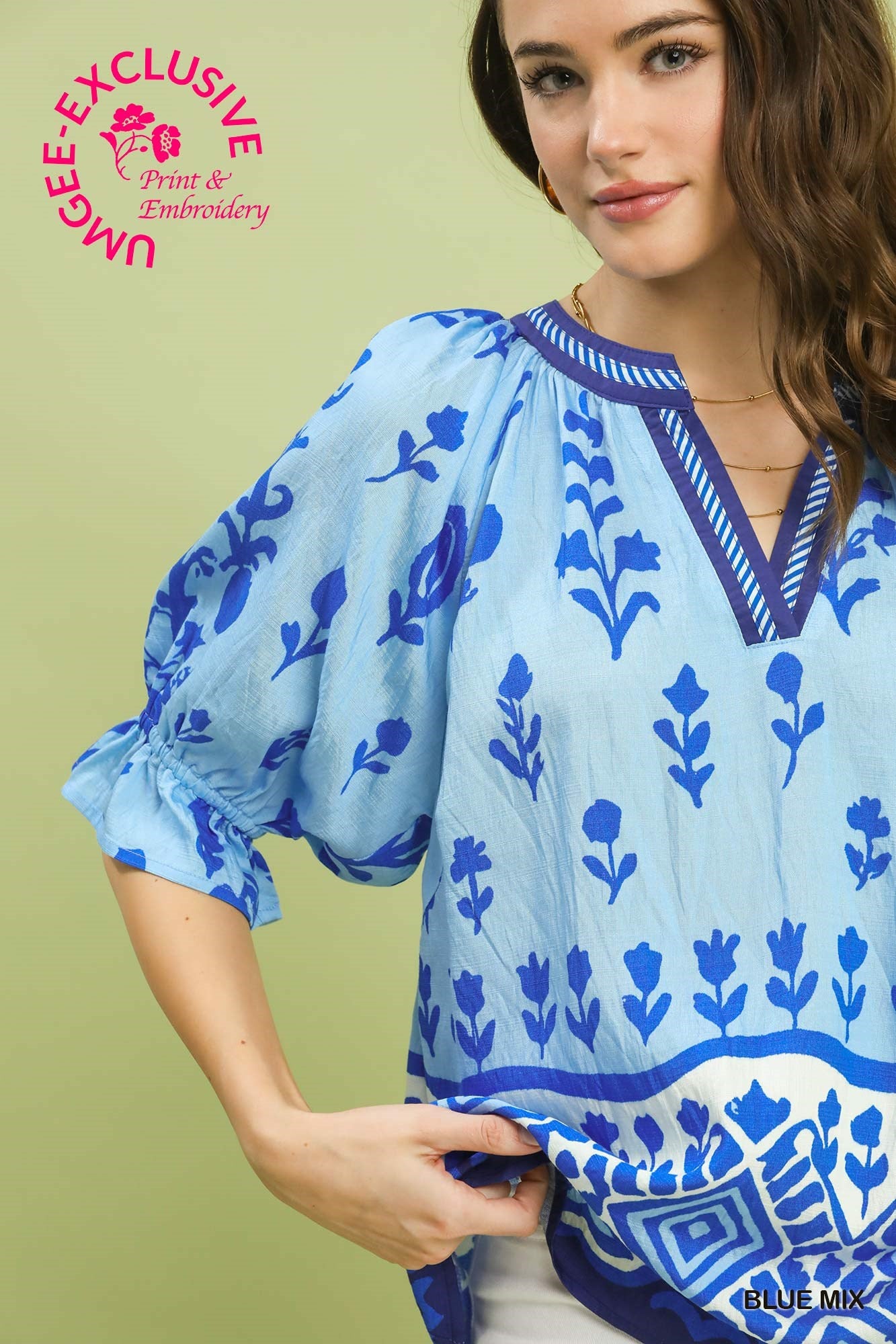 Umgee Border Print Top in Blue Mix