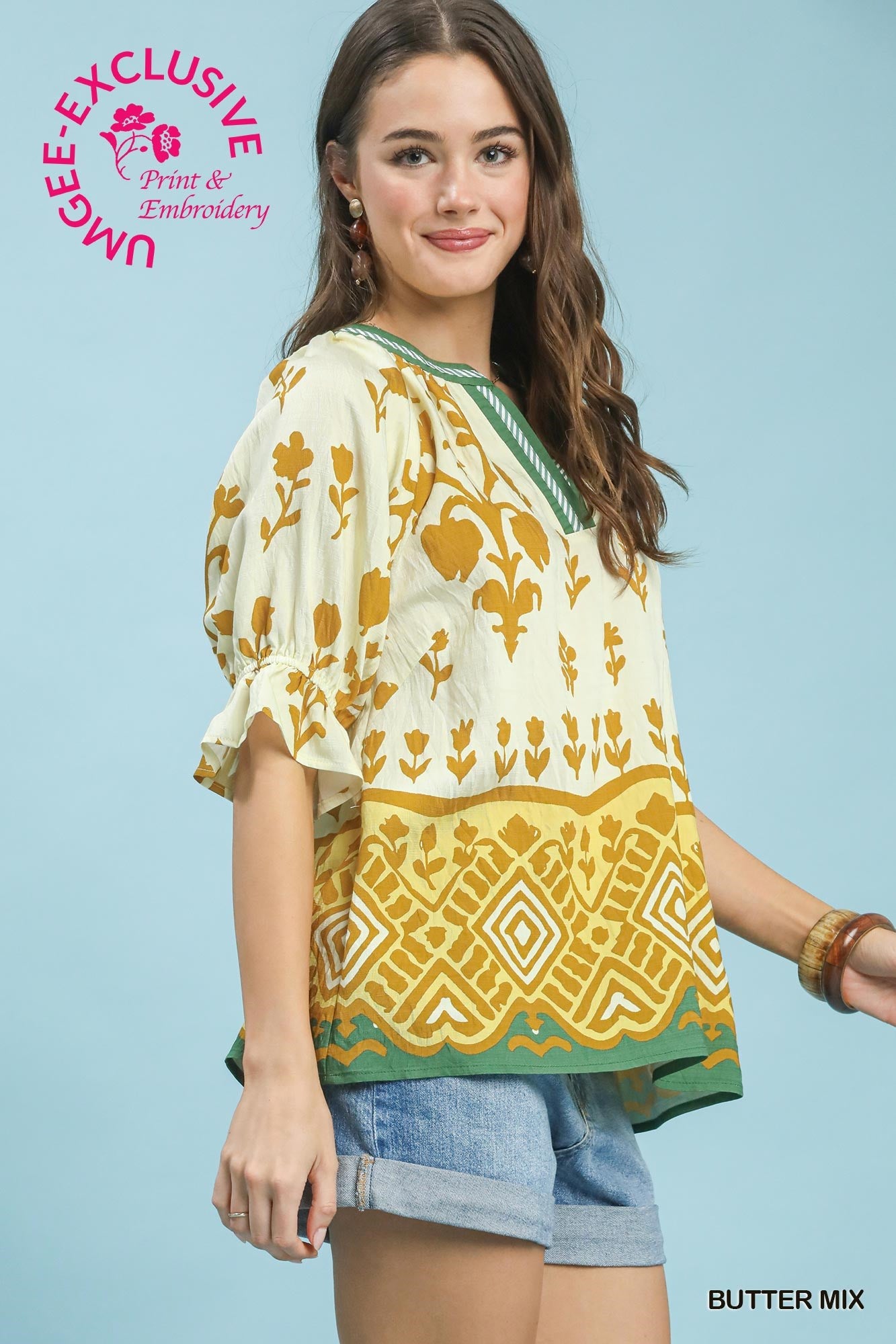 Umgee Border Print Top in Butter Mix