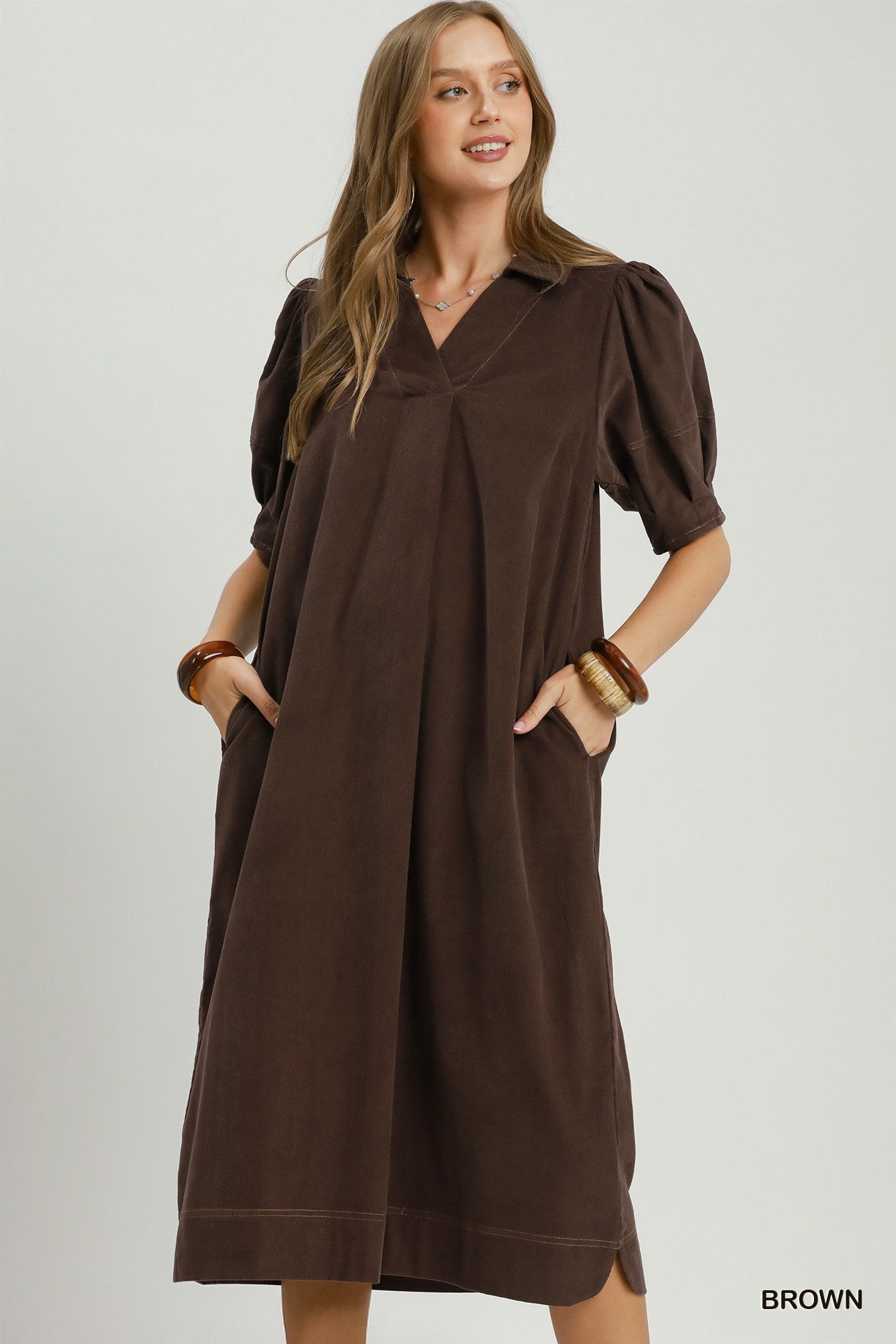 Umgee Brown Corduroy Midi Dress