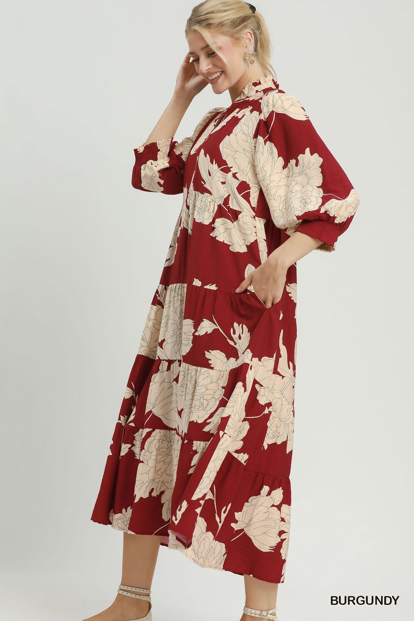 Umgee Floral Fall Burgundy Tiered Maxi Dress