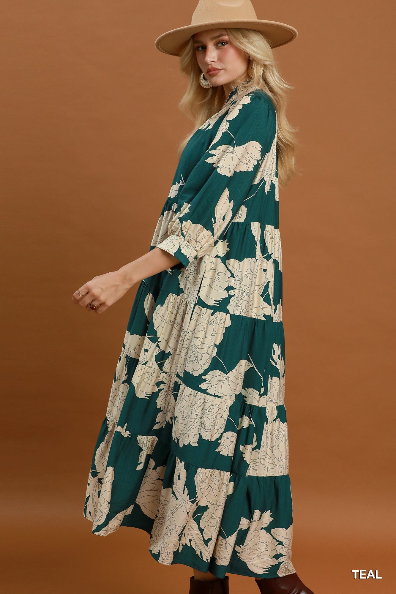 Umgee Floral Fall Teal Tiered Maxi Dress