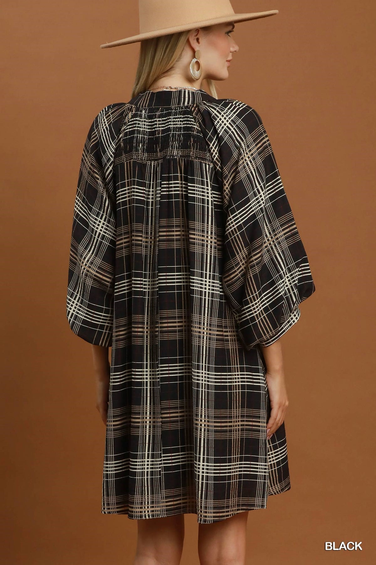 Umgee Plaid V-Neck Balloon Sleeve Shift Dress