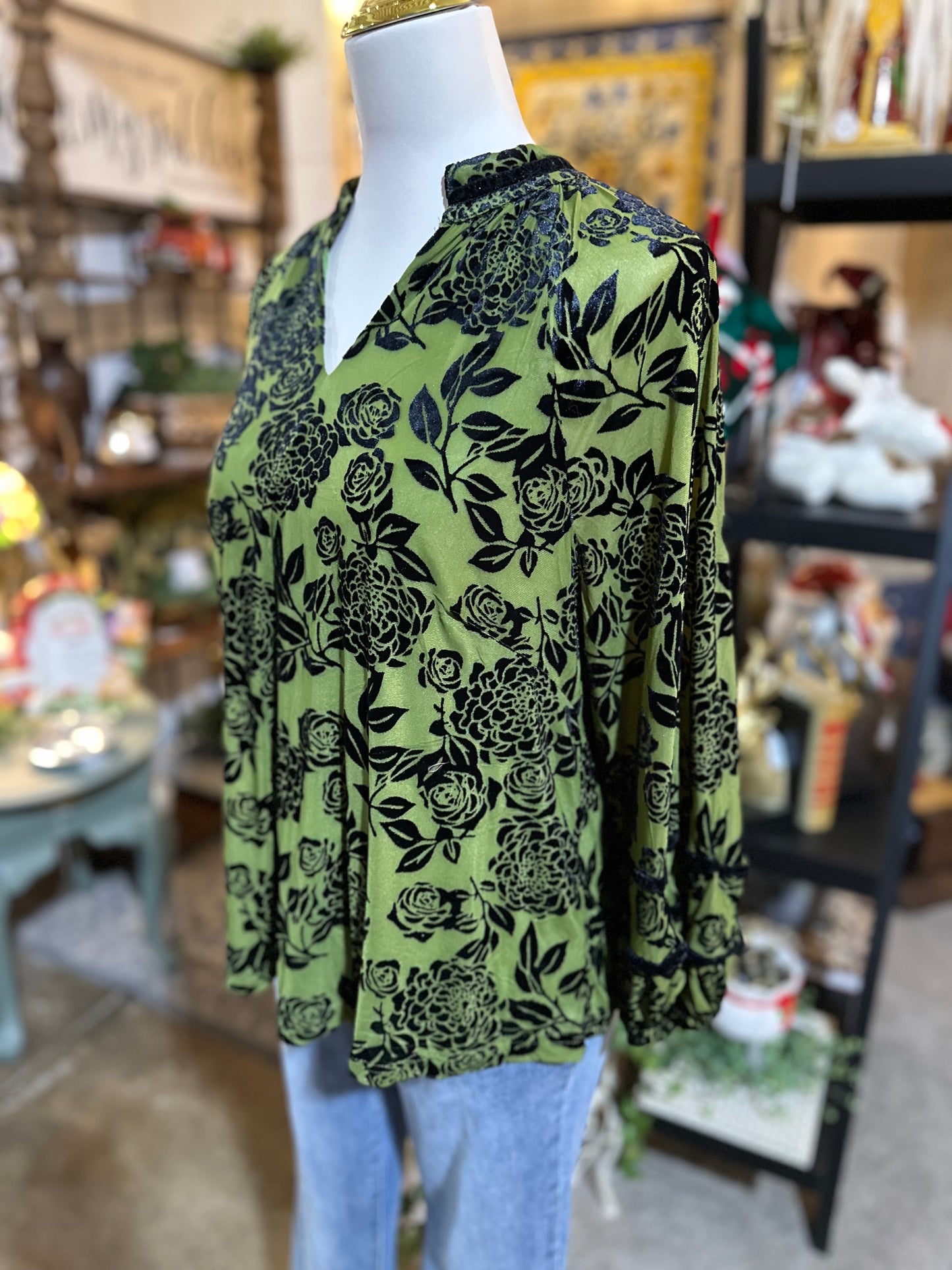 Umgee Floral Burnout Top in Olive