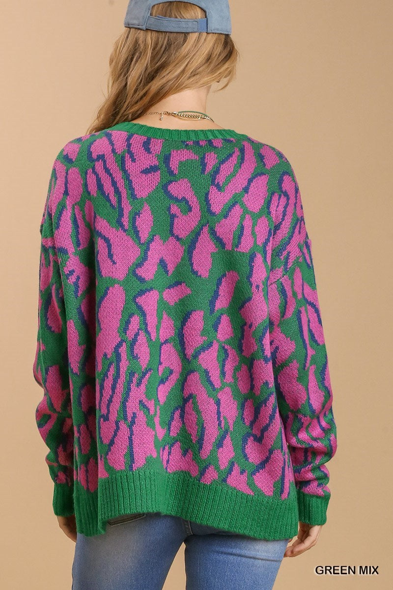 Umgee Boatneck Sweater in Green Mix