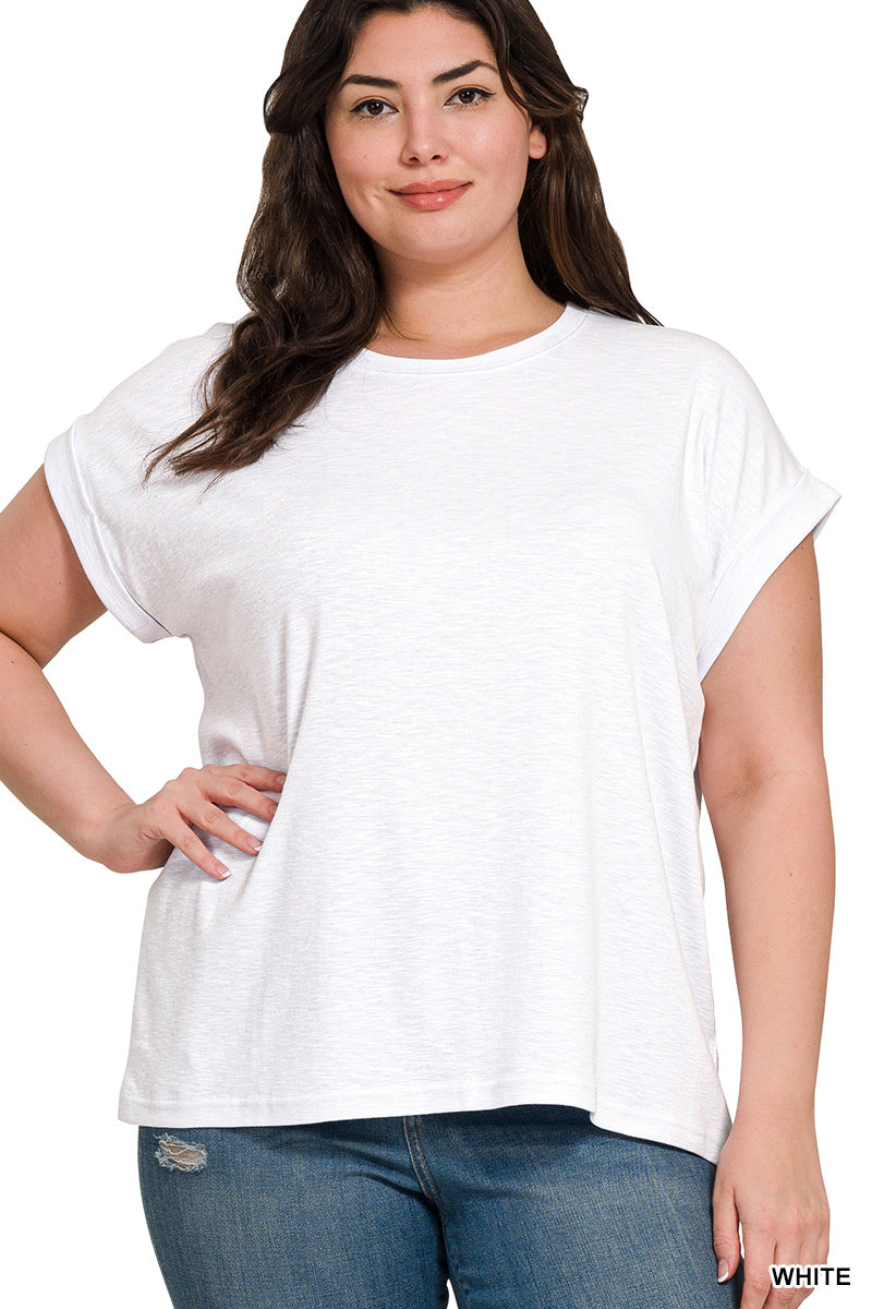 Zenana Plus Cotton Modal Slub Rolled Sleeve Tee in White