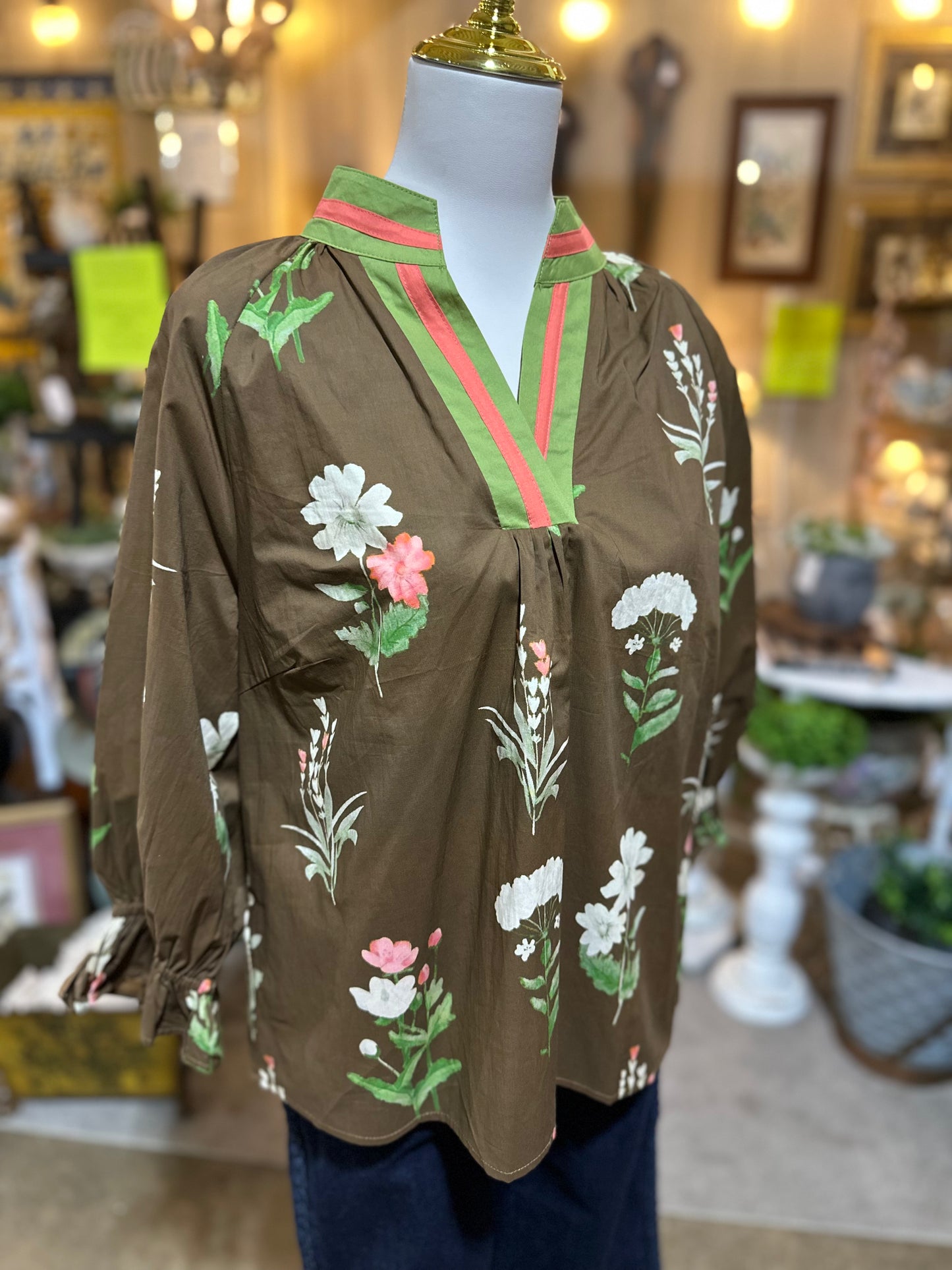 Umgee Floral Contrast Top in Brown Mix