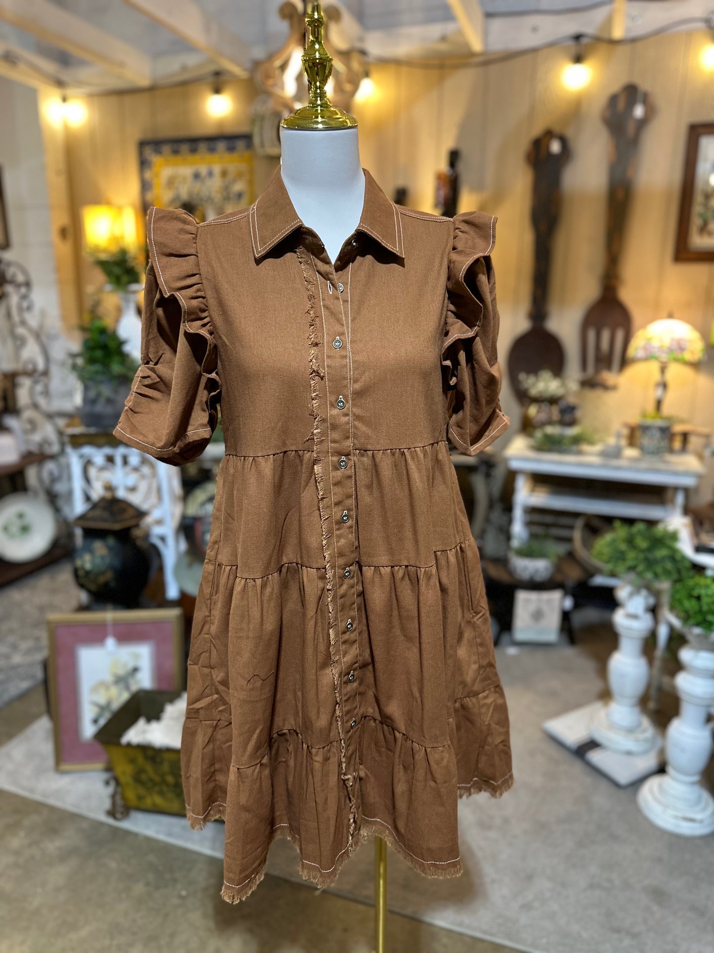 GiGiO Gathered Sleeve Dress in Copper