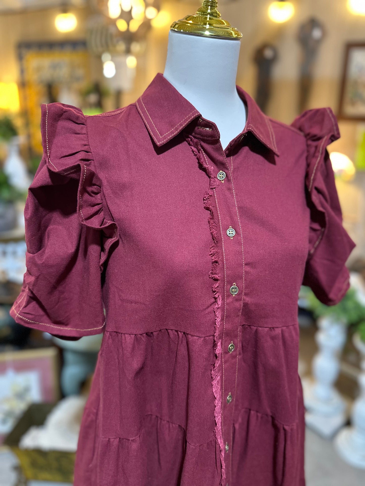GiGiO Gathered Sleeve Dress in Burgundy