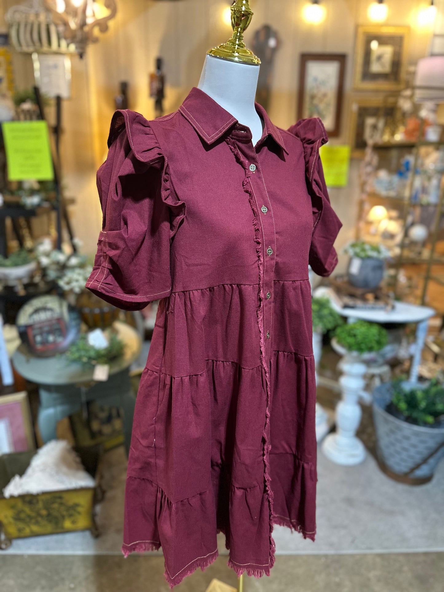 GiGiO Gathered Sleeve Dress in Burgundy