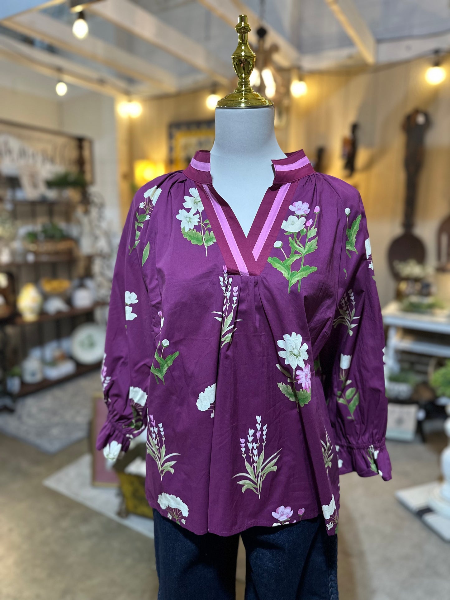 Umgee Floral Contrast Top in Plum