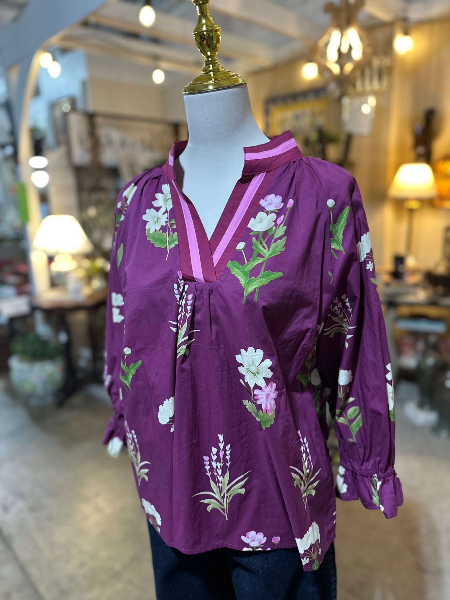 Umgee Floral Contrast Top in Plum