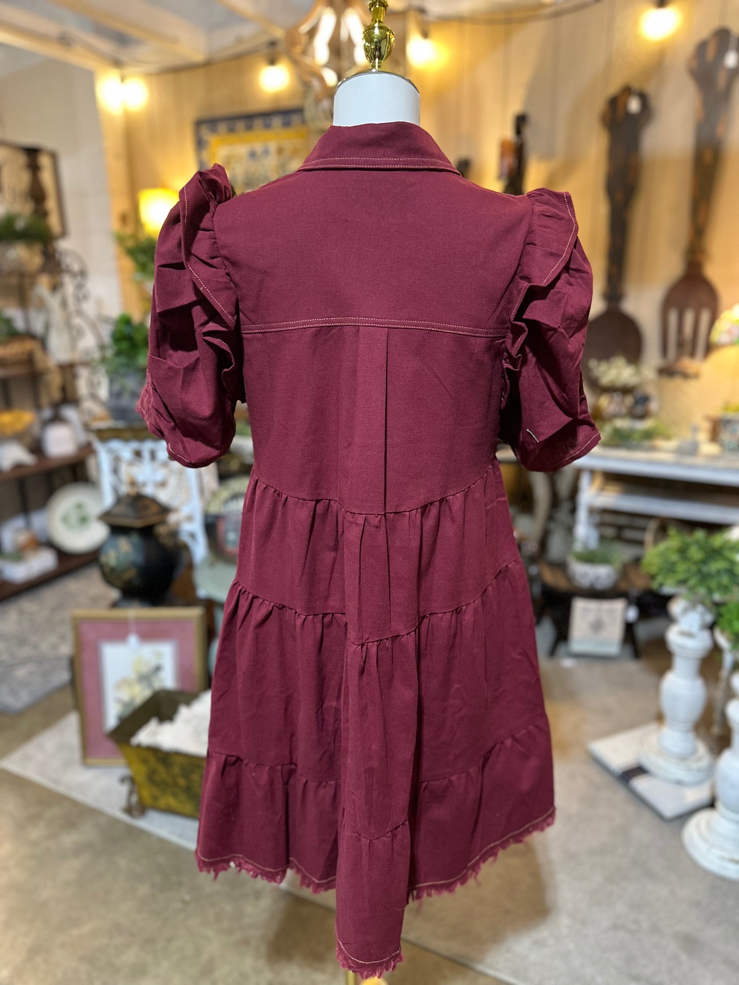 GiGiO Gathered Sleeve Dress in Burgundy