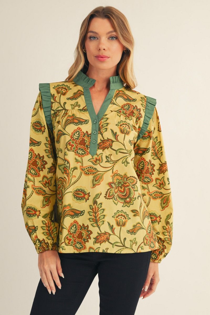 Jodifl Boho Floral Puff-Sleeve Button-Front Top – Honey Mustard