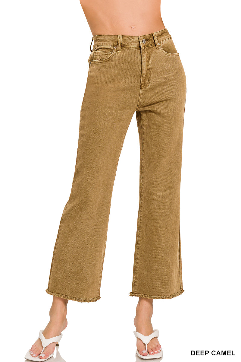 Zenana Frayed Denim Pants in Deep Camel