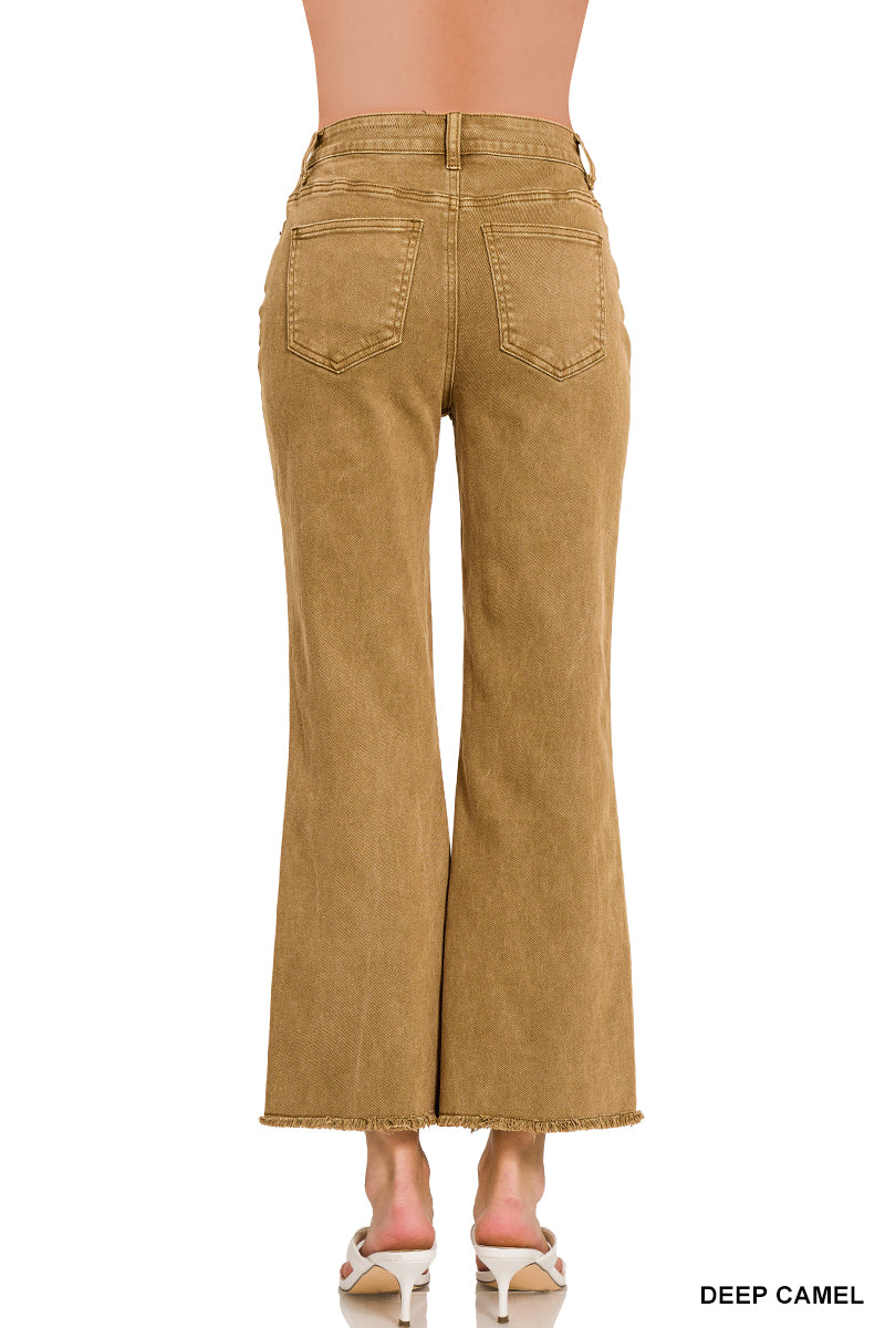 Zenana Frayed Denim Pants in Deep Camel