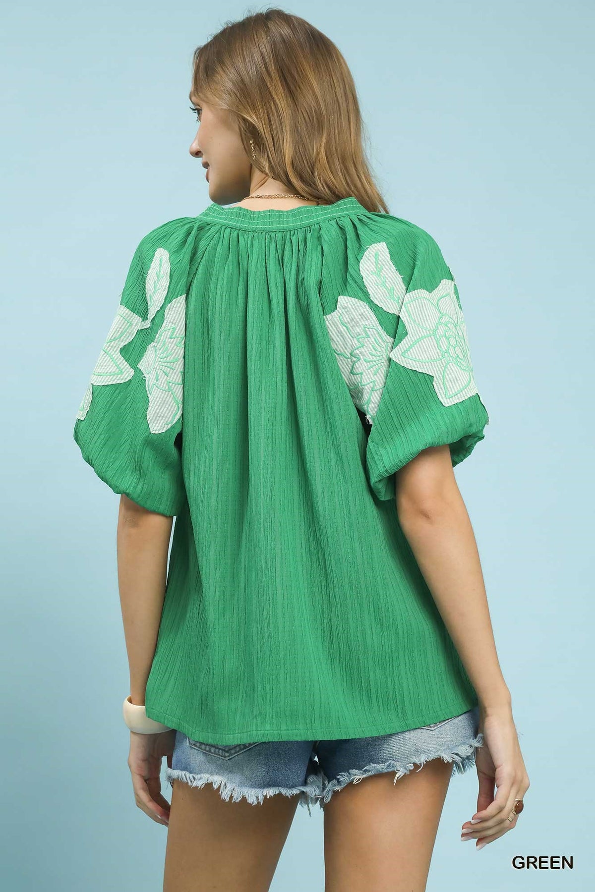 Umgee Embroidered Floral Balloon-Sleeve Notch-Neck Blouse – Green