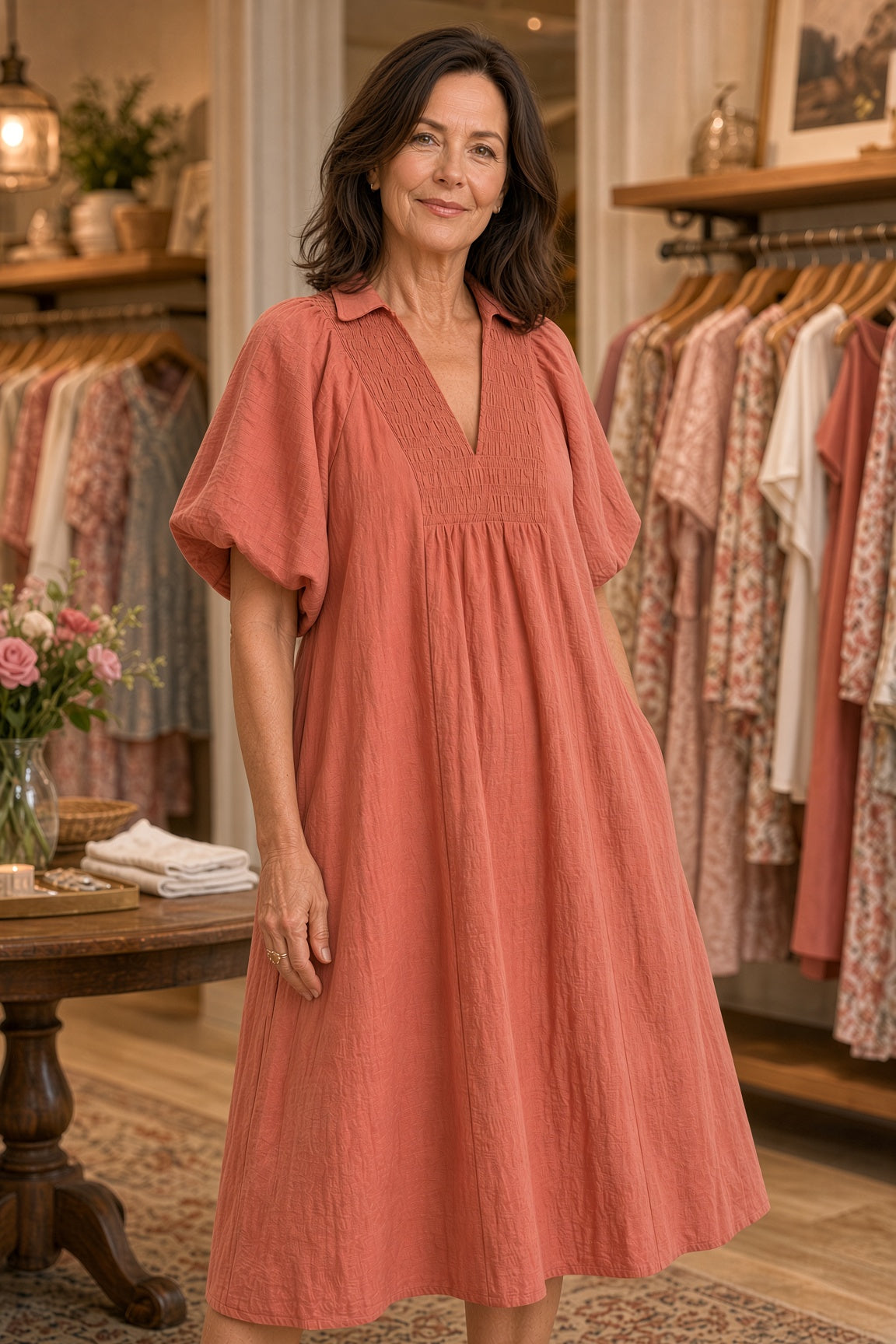 Umgee Smocked-Collar Cotton Midi Dress – Rose Clay
