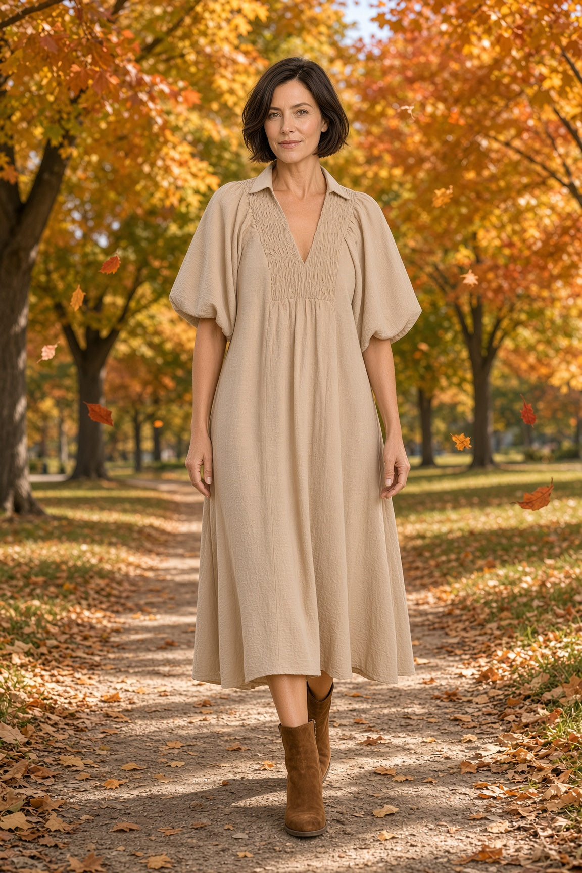 Umgee Smocked-Collar Cotton Midi Dress – Tan