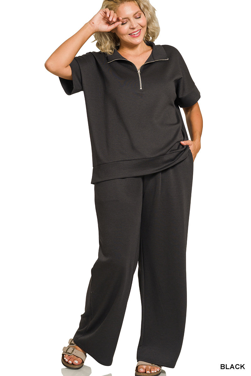 Zenana Plus Scuba High Neck Half Zip Top & Pants Set - Black