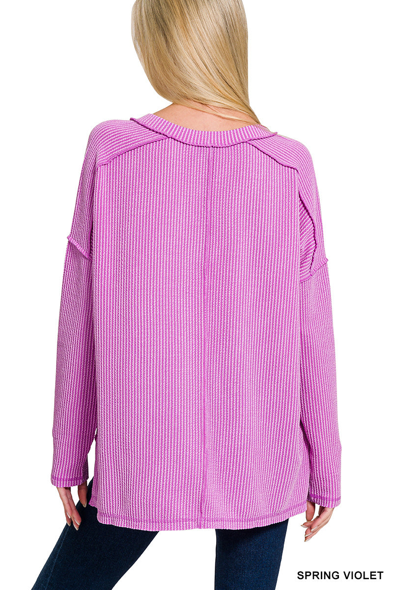 Zenana Raised Rib Long Sleeve Hi-low V Neck Top in Spring Violet