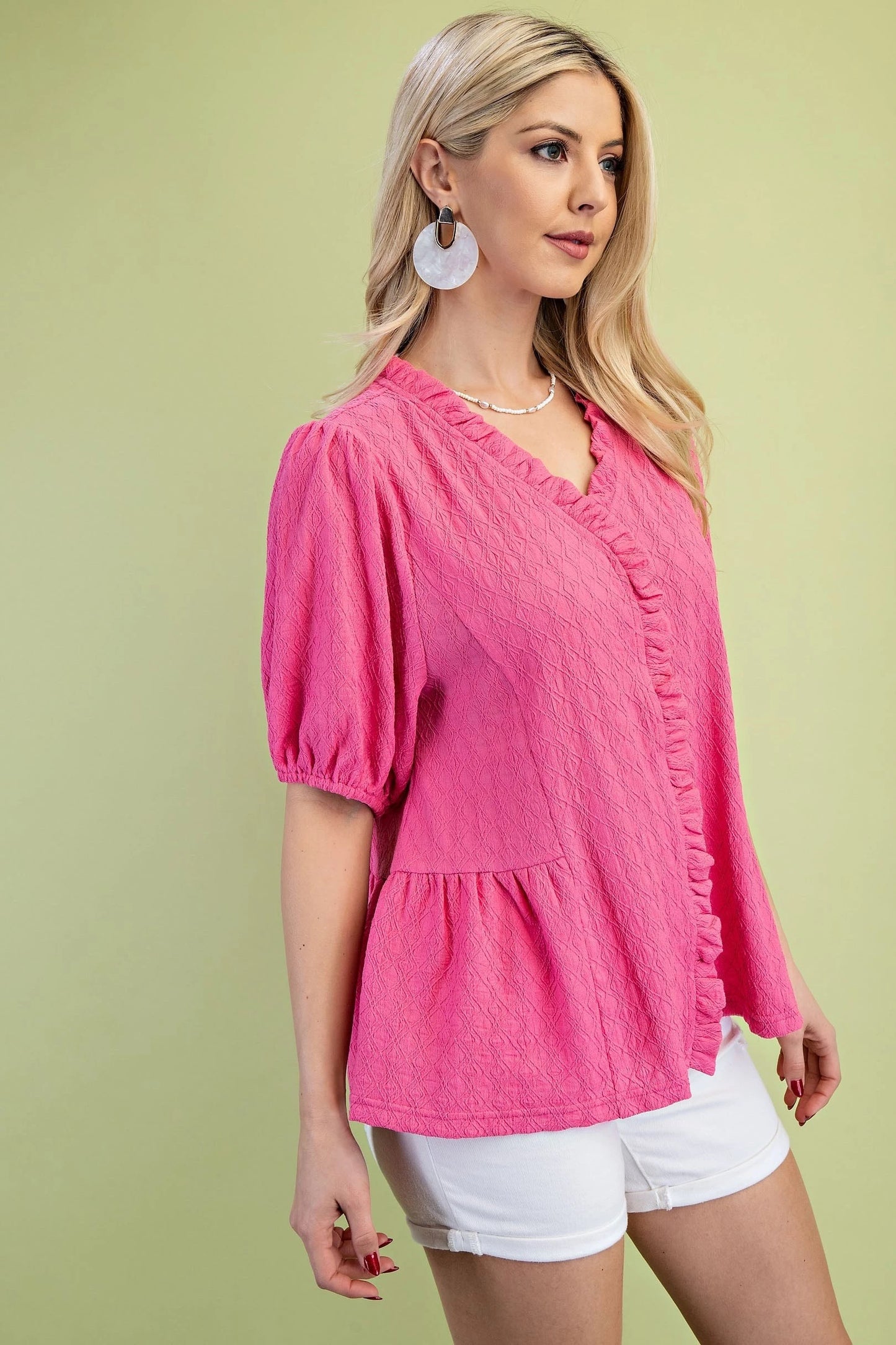 GiGiO Puff Sleeve Top in Hot Pink