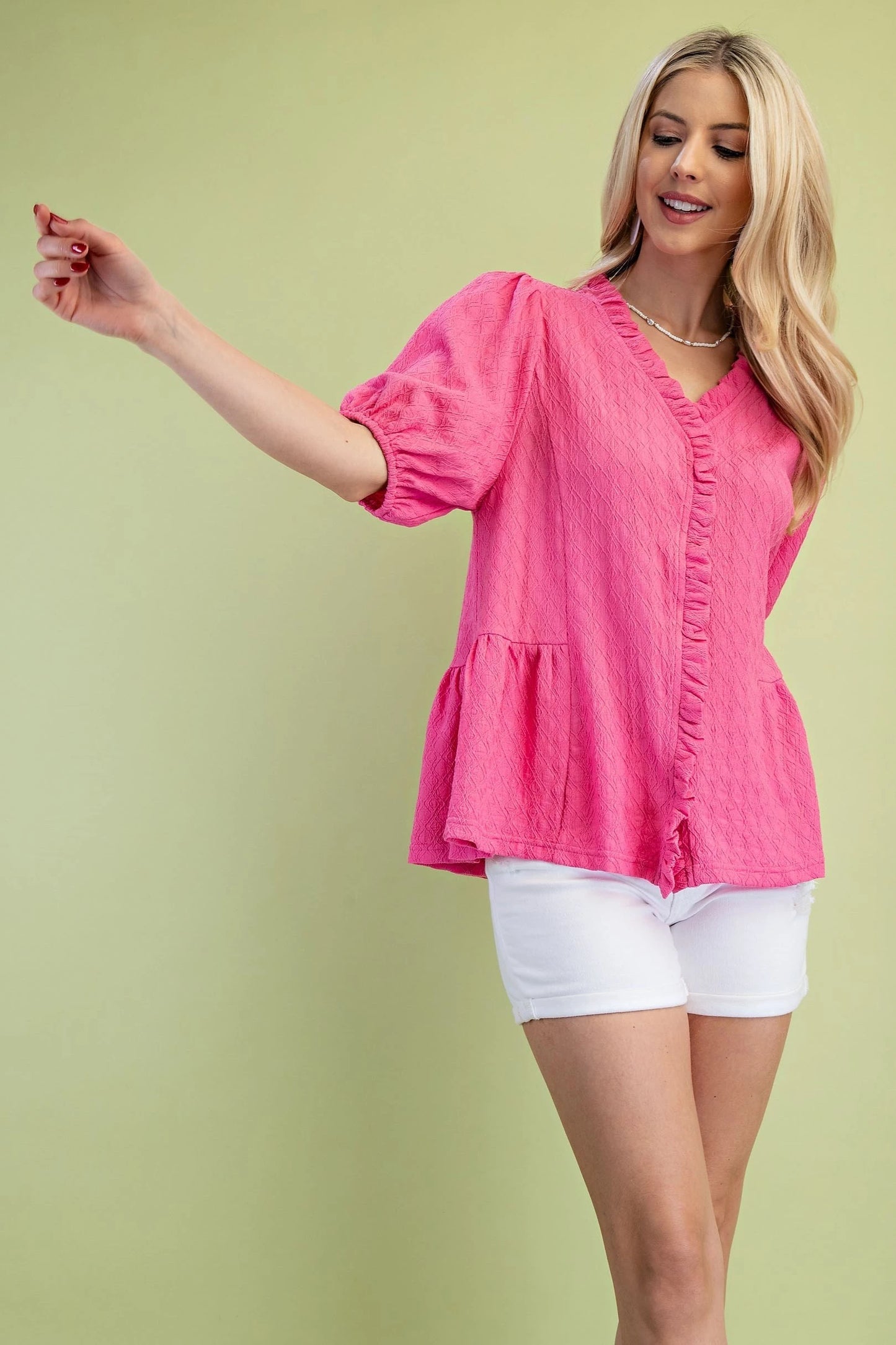 GiGiO Puff Sleeve Top in Hot Pink