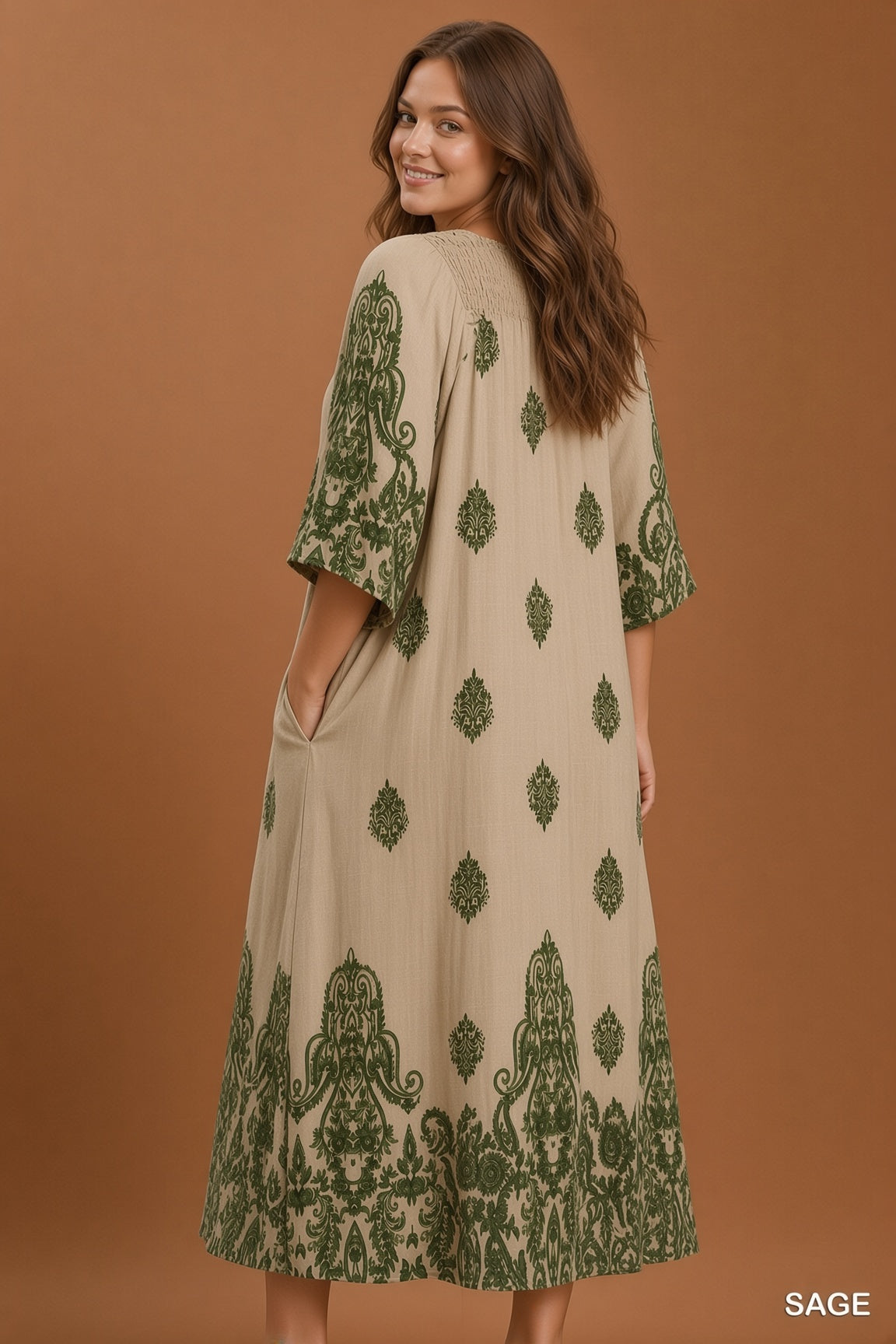 Umgee Smocked Detail Midi Dress - Sage