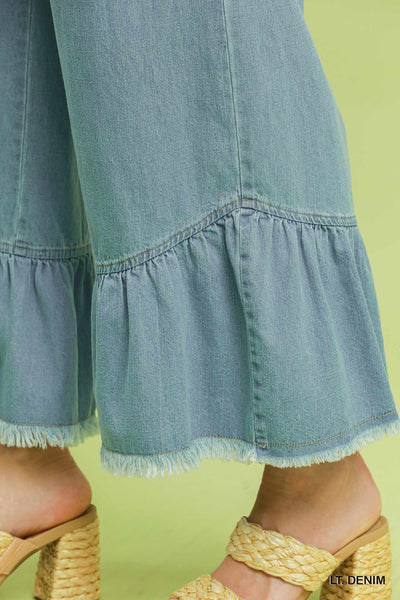 Umgee Washed Denim Wide Leg Frayed Hemline Pants