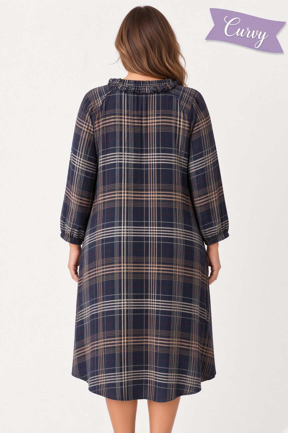 Umgee Plus Plaid V-Neck Balloon Sleeve Shift Dress - Black