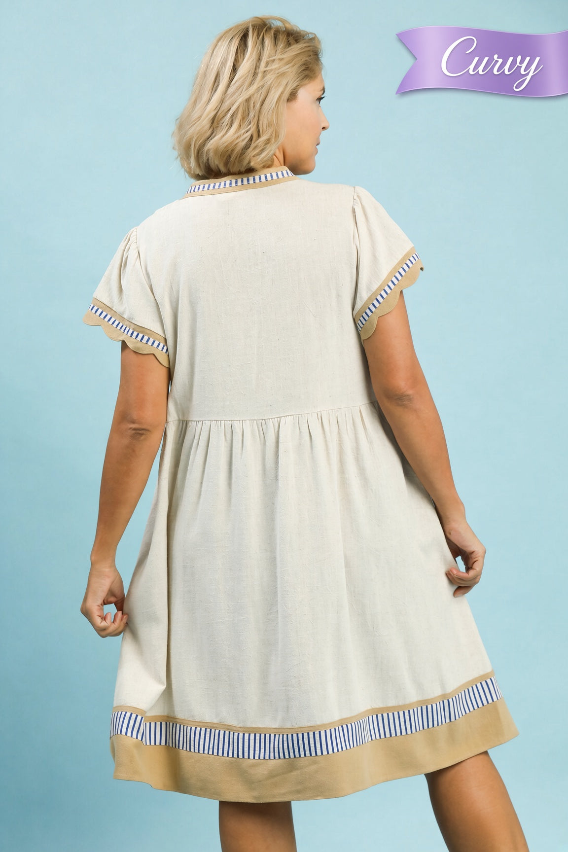 Umgee Plus Linen-Blend Color-Block Flutter-Sleeve Dress – Oatmeal