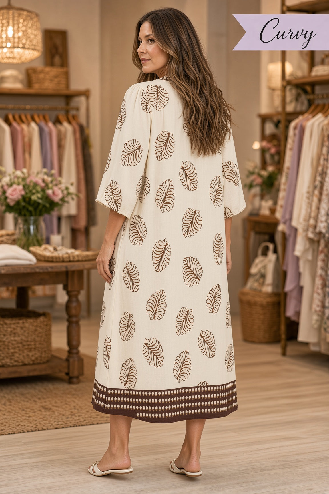 Umgee Plus Mixed Leaf-Print Midi Dress – Cream Mix
