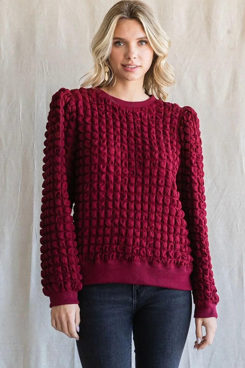 Jodifl Checkered-Texture U-Neck Long-Sleeve Top – Burgundy