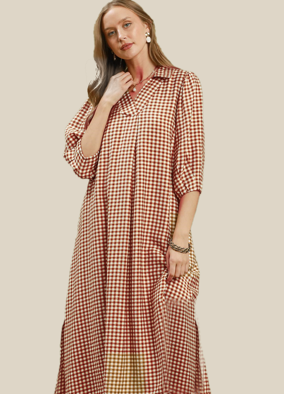 Umgee Gingham Check Collared Midi Dress in Chocolate Brown