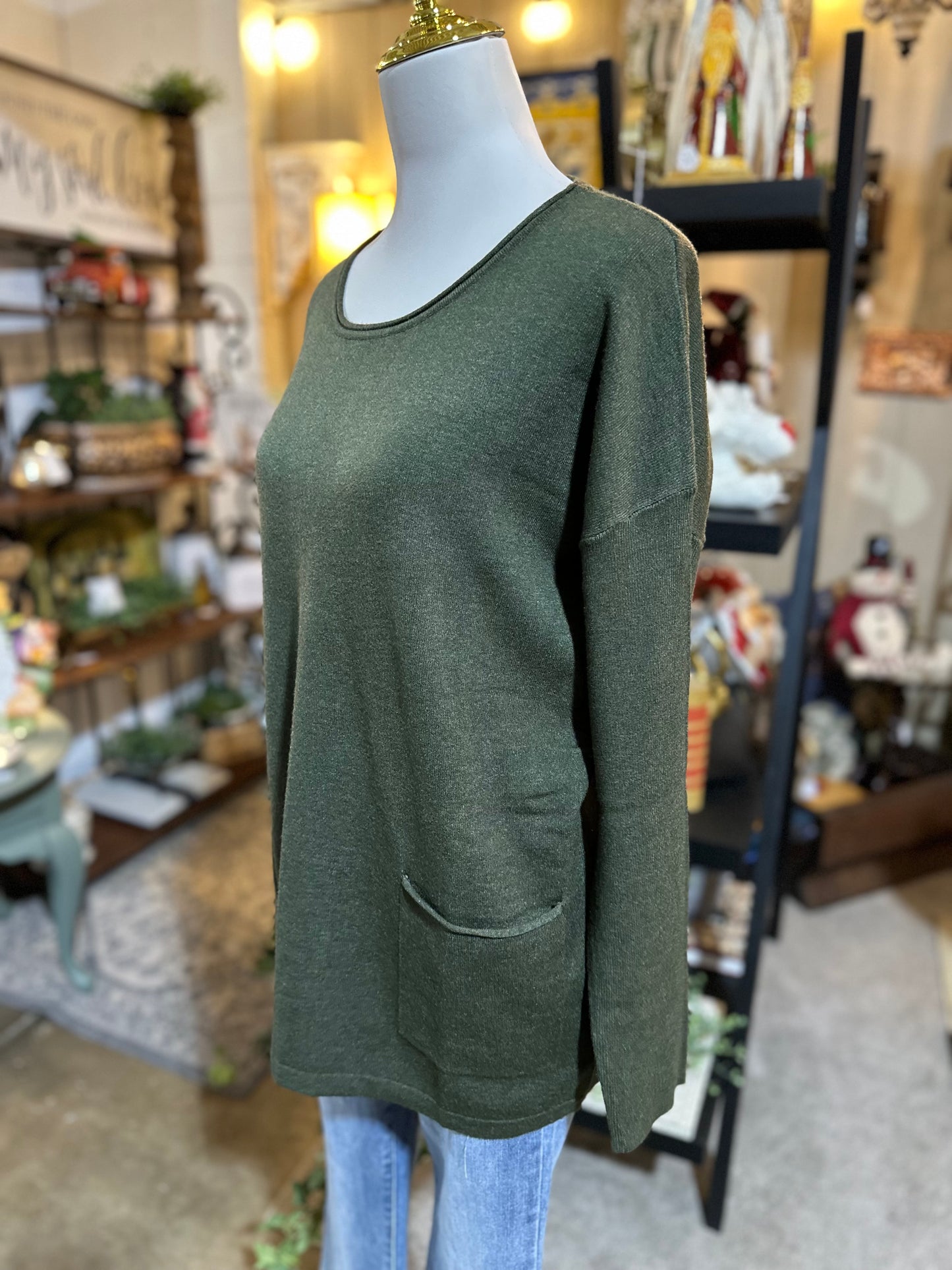 Zenana Front Pocket Sweater in Dark Olive