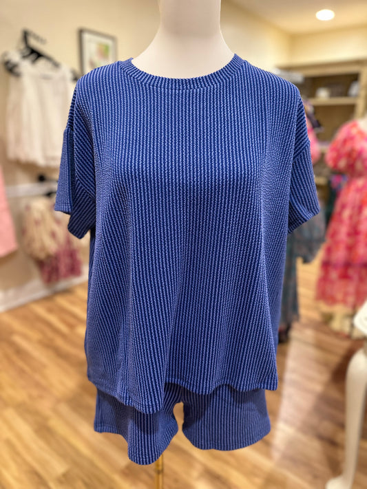 Zenana Ribbed Short Set in Classic Blue