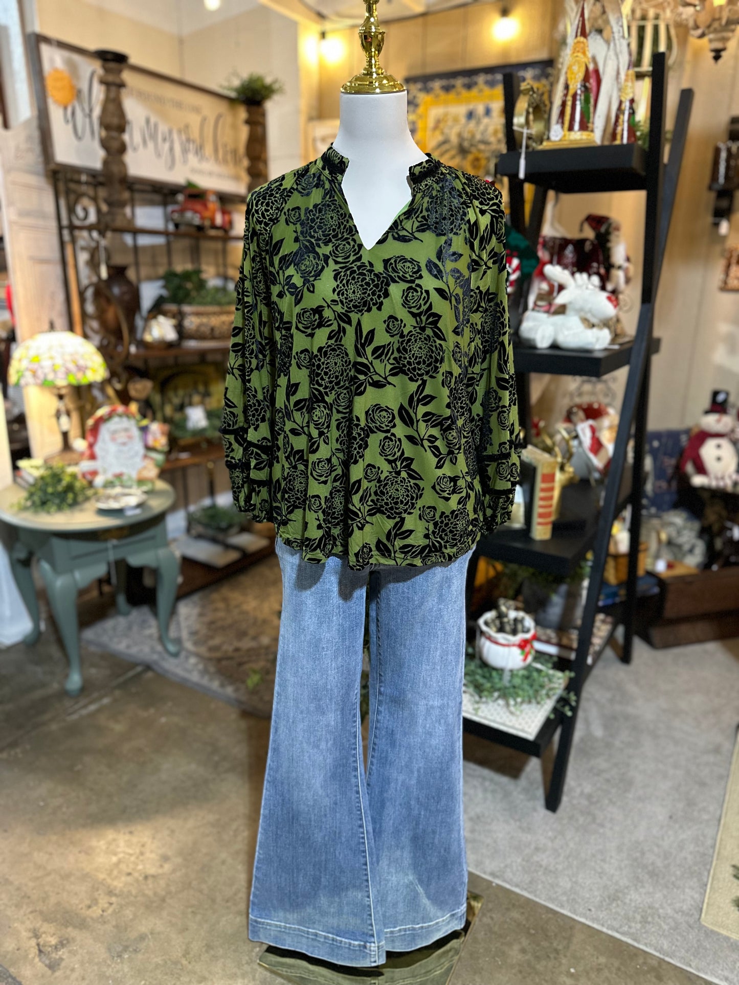 Umgee Floral Burnout Top in Olive