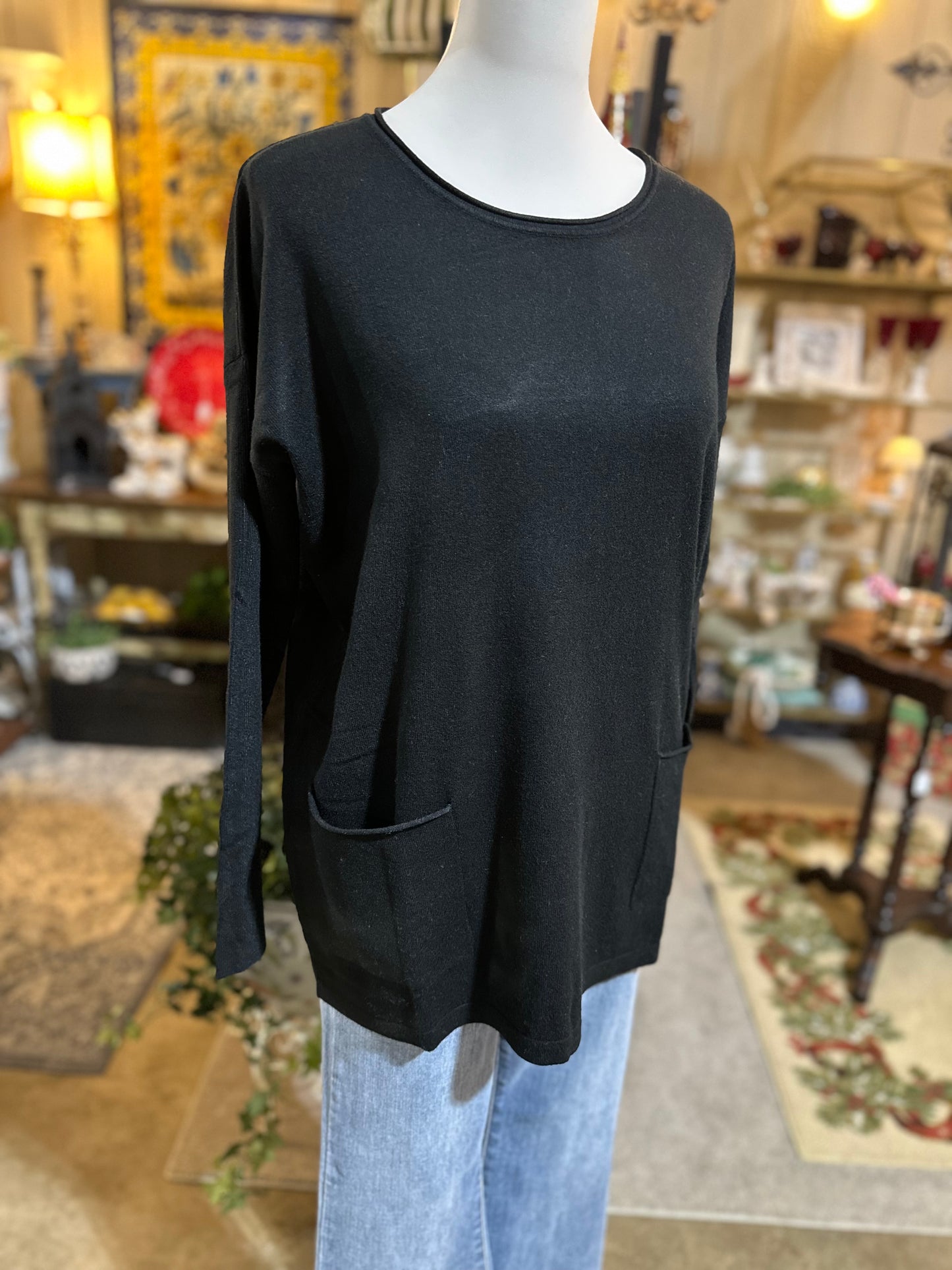 Zenana Front Pocket Sweater in Black