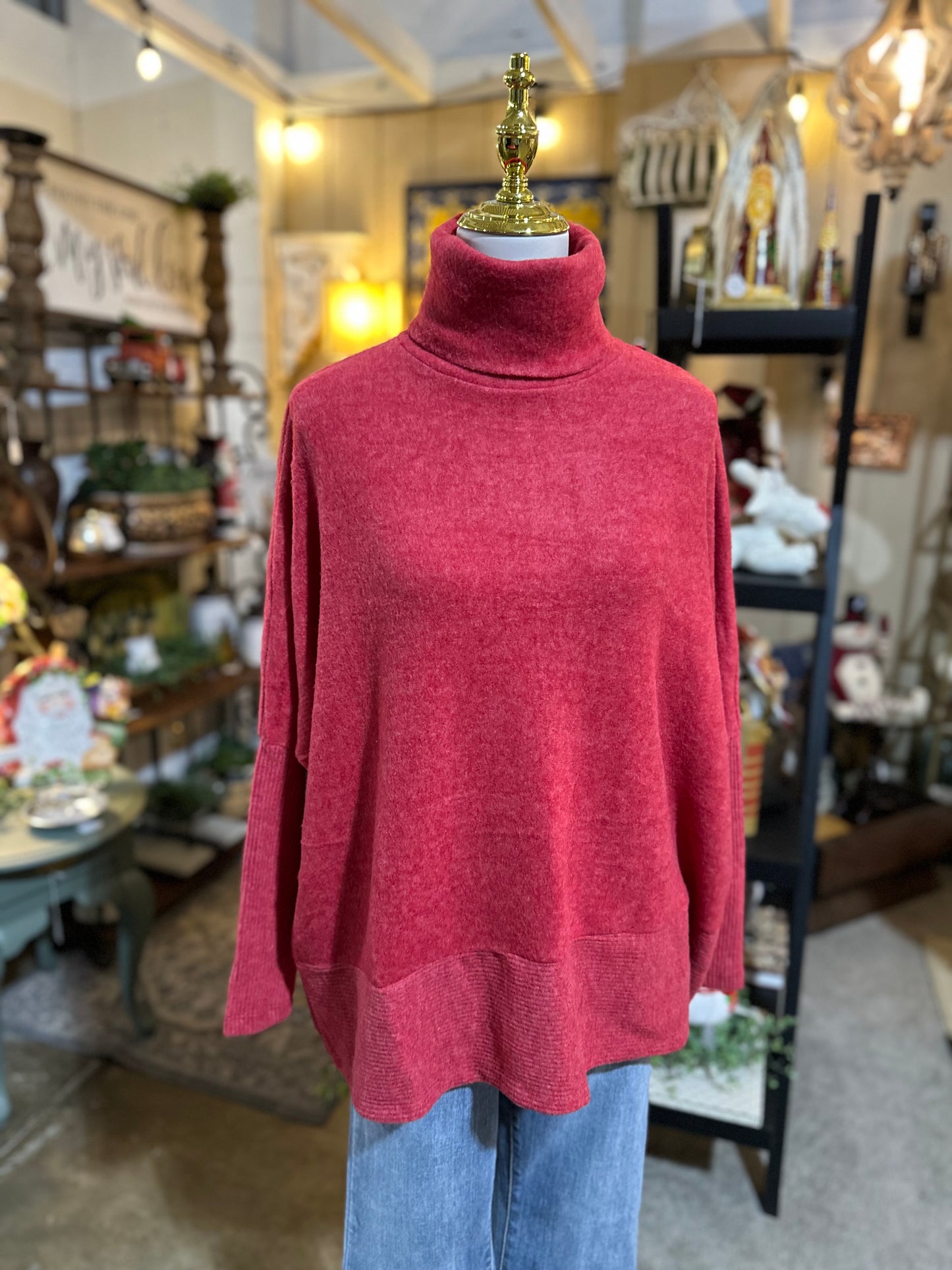 Zenana Hacci Turtleneck Sweater in Dark Red