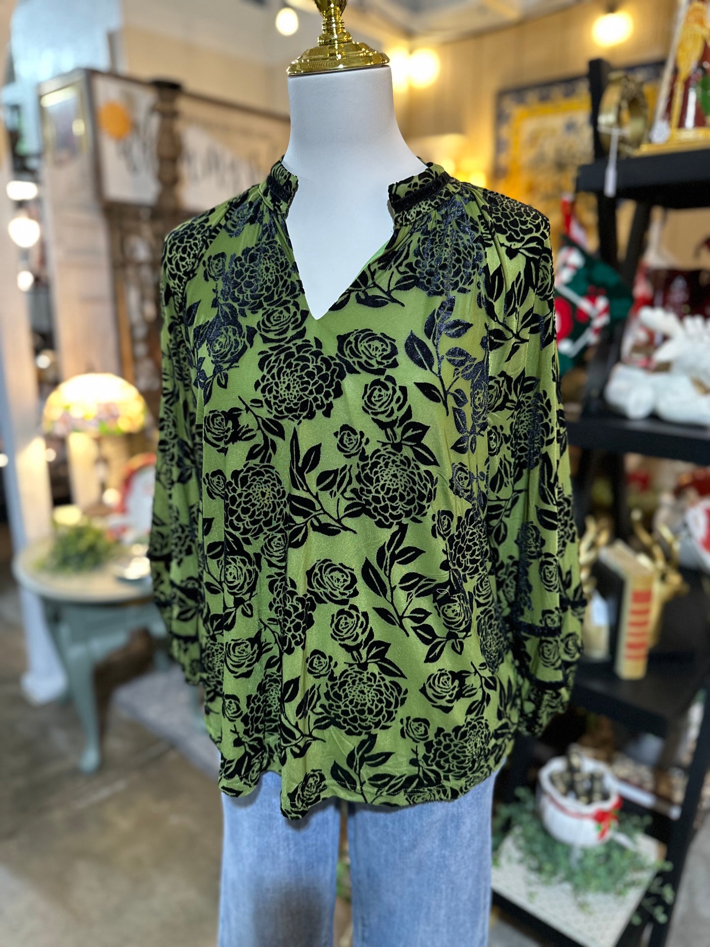 Umgee Floral Burnout Top in Olive