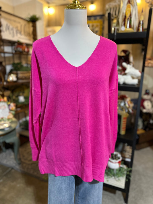 Zenana Front Seam Sweater in Hot Pink