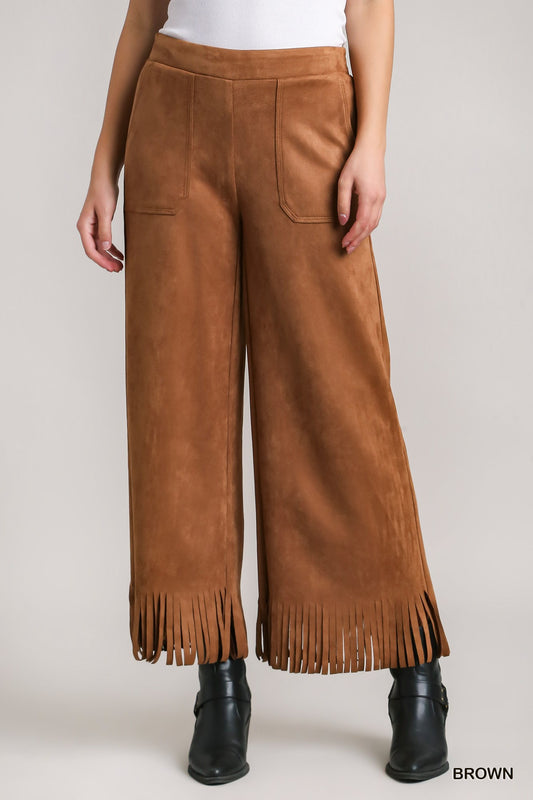 Umgee Suede Fringe Pants in Brown