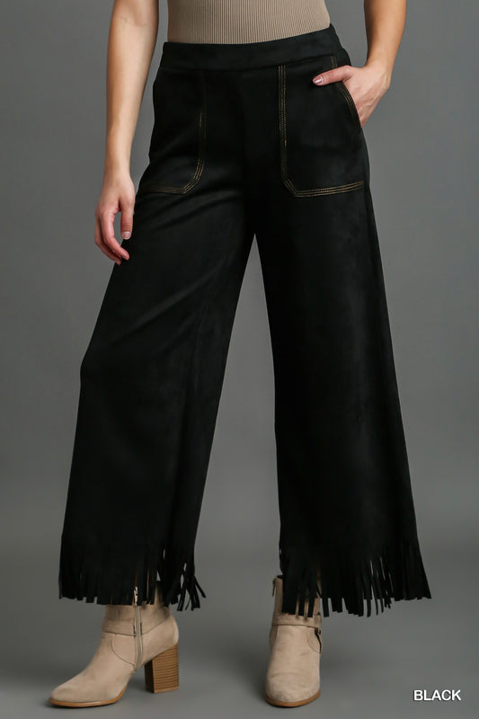 Umgee Suede Fringe Pants in Black