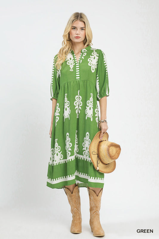 Umgee Abstract Print Midi Dress in Green